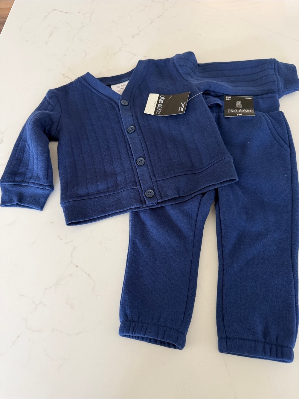 okie dokie Navy Knit Sweatpants & Button Cardigan Set